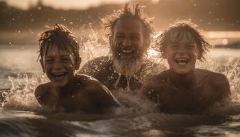 mojado y salvaje verano divertido con familia generado por ai foto