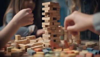 creativo niños construyendo juguete bloques juntos para divertido generado por ai foto