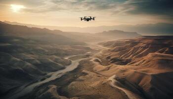 Flying drone captures panoramic mountain landscape at sunrise generated by AI photo