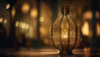 Glowing lantern illuminates night in Ramadan celebration generated by AI photo