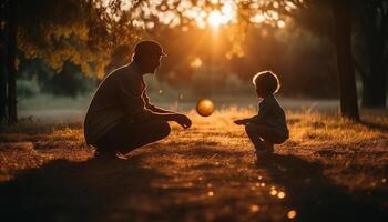 padre y hijo jugando pelota a puesta de sol generado por ai foto