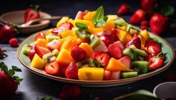 Fresco Fruta ensalada vistoso, sano y delicioso generado por ai foto