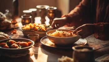 Freshly prepared homemade meal on rustic wooden table generated by AI photo