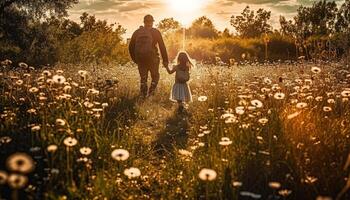 Family walks in meadow, enjoying summer sunset generated by AI photo