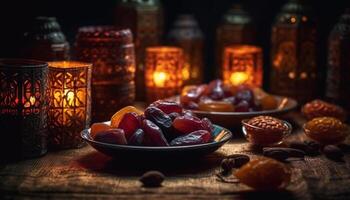 Wooden table with rustic dessert for Ramadan celebration generated by AI photo