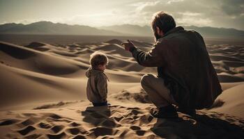 Father and son smile atop sand dune generated by AI photo