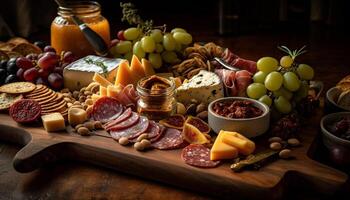 Rustic table showcases gourmet meat and cheese variations generated by AI photo