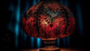 Illuminated lantern glows on ornate table decoration generated by AI photo