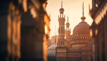 espiritual viaje en medio de antiguo culturas y iluminado minaretes generado por ai foto