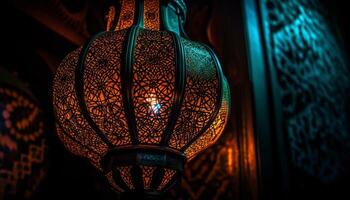 Illuminated old fashioned Arabic lantern hanging outdoors generated by AI photo