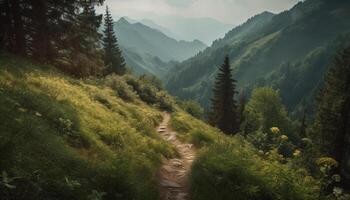 A majestic mountain peak with yellow wildflowers generated by AI photo