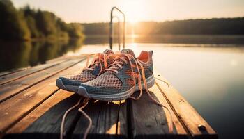 Dom besado Deportes Zapatos descanso en tranquilo muelle generado por ai foto