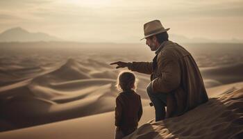 Father and son bond during mountain sunrise exploration generated by AI photo