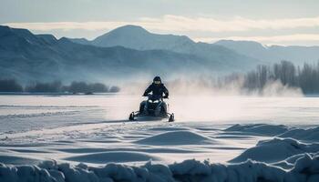 Men drive off road vehicle through snowy mountains generated by AI photo