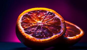 Juicy orange slice on bright studio table generated by AI photo