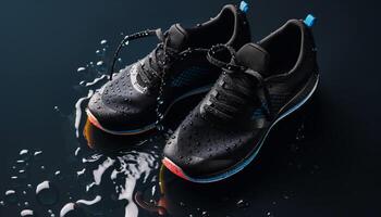 Wet sports shoes reflect active lifestyle in nature generated by AI photo