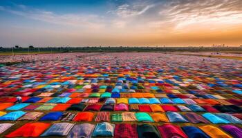 Vibrant city skyline at sunset over water generated by AI photo