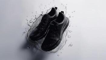 Shoe drop creates wet splash with reflection generated by AI photo