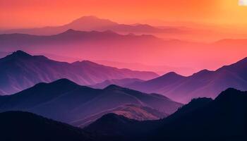 majestuoso montaña pico silueta, espalda iluminado a amanecer generado por ai foto