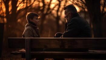 un familia se sienta en banco, disfrutando otoño puesta de sol generado por ai foto