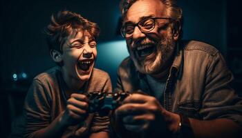sonriente machos disfrutando vídeo juego con alegría generado por ai foto