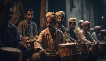 Adults sitting on stage playing percussion instruments generated by AI photo