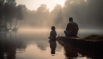 Father and son embracing in tranquil sunset generated by AI photo