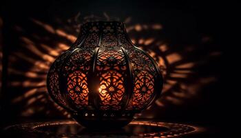 Ornate antique lantern glows with Arabic elegance generated by AI photo