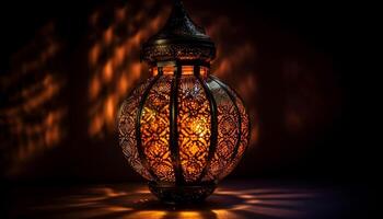 Shiny lantern illuminates old fashioned Arabic decor indoors generated by AI photo