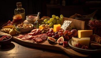 rústico plato de gastrónomo carnes y queso generado por ai foto