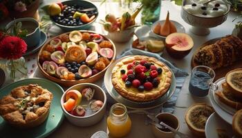 Berry dessert tray with baked cheesecake indulgence generated by AI photo