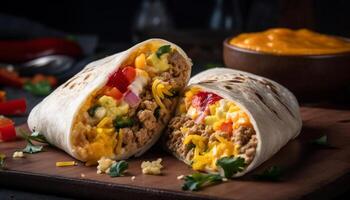 Grilled beef burrito stuffed with guacamole and cheese generated by AI photo