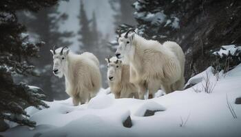 Horned goat standing in snow covered meadow generated by AI photo