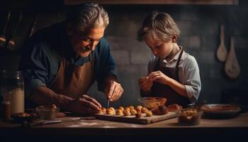 Tres generaciones amasar masa para dulce galletas generado por ai foto