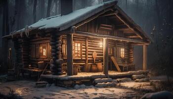 Iniciar sesión cabina en el Nevado bosque noche generado por ai foto