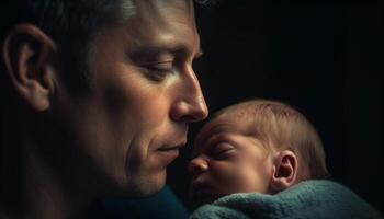 New life bonding, father embracing newborn son Smiling generated by AI photo