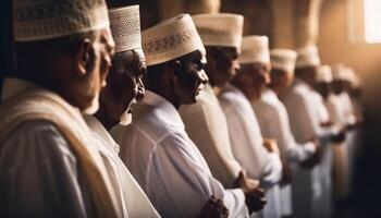 Smiling men in traditional clothing standing in a row generated by AI photo