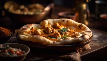 Freshly Baked Pizza on Rustic Wooden Table generated by AI photo