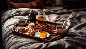 Comfortable bed, indulgent still life eating gourmet generated by AI photo