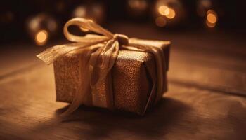 Chocolate Christmas present wrapped in gold paper generated by AI photo