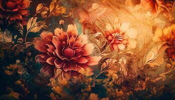 Floral patterns decorate old fashioned wallpaper backdrop generated by AI photo