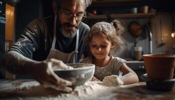 Multi generation family kneading dough in domestic kitchen generated by AI photo