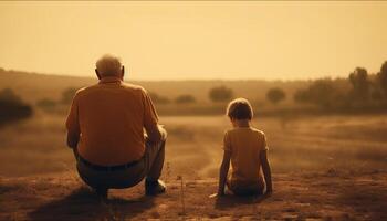 Family embraces in tranquil rural sunset scene generated by AI photo