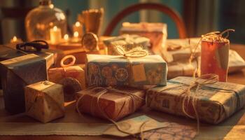 Golden gift box wrapped with ornate paper generated by AI photo