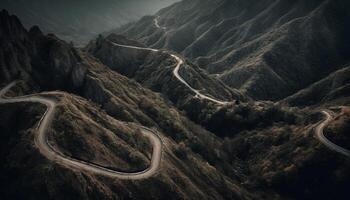 montaña la carretera vientos mediante nieve tapado picos generado por ai foto