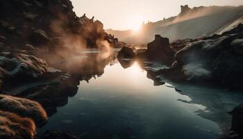 Wondrous beach cliff reflects colorful autumn sunset generated by AI photo