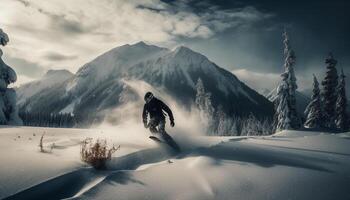 One person snowboarding down beautiful mountain landscape generated by AI photo