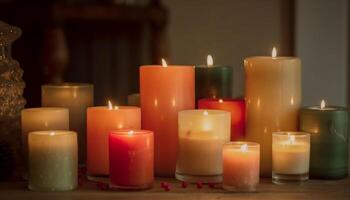 Glowing candlelight illuminates peaceful winter decoration scene generated by AI photo