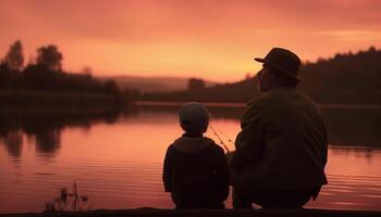 padre y hijo pescador abrazo a puesta de sol generado por ai foto