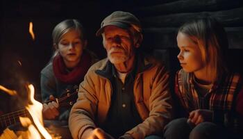 Smiling multi generation family playing guitar outdoors together generated by AI photo